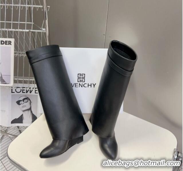 Best Luxury Givenchy Shark Lock Wedge High Boots 8.5cm in Leather Black 926095