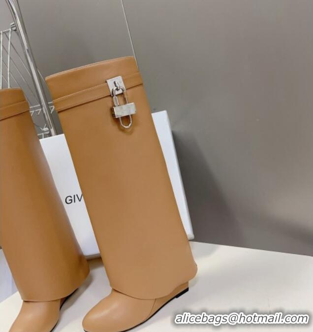 Best Price Givenchy Shark Lock Wedge High Boots 8.5cm in Leather Apricot 926097