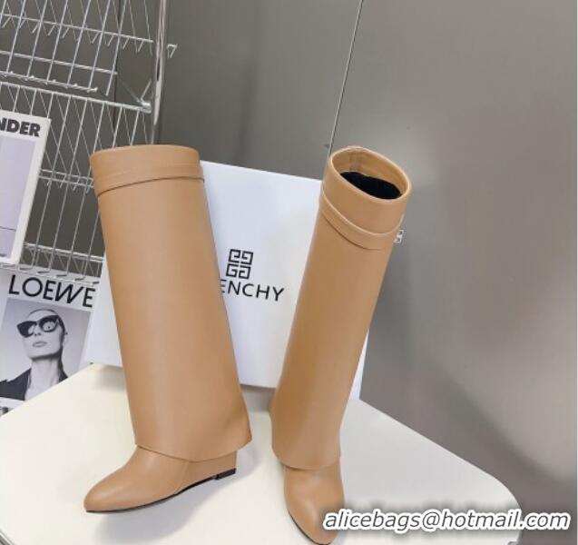 Best Price Givenchy Shark Lock Wedge High Boots 8.5cm in Leather Apricot 926097