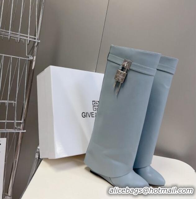 Top Quality Givenchy Shark Lock Wedge High Boots 8.5cm in Leather Light Blue 926098