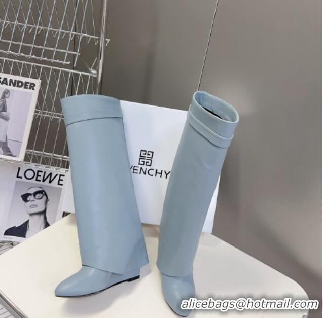 Top Quality Givenchy Shark Lock Wedge High Boots 8.5cm in Leather Light Blue 926098