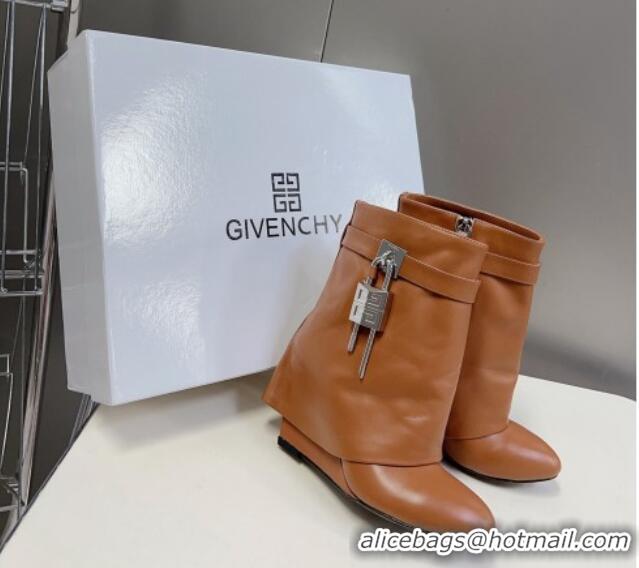 Low Cost Givenchy Shark Lock Wedge Ankle Boots 8.5cm in Leather Brown 926102