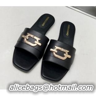 Low Price Salvatore Ferragamo Logo Calf Leather Flat Slide Sandals Black 104027