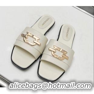 Duplicate Salvatore Ferragamo Logo Leather Flat Slide Sandals White 104029