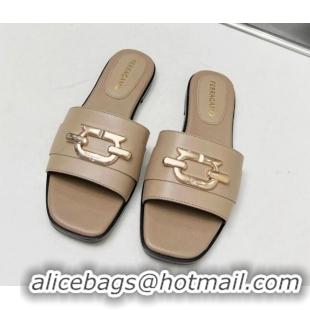 Good Quality Salvatore Ferragamo Logo Leather Flat Slide Sandals Beige 104030