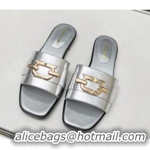 Grade Quality Salvatore Ferragamo Logo Leather Flat Slide Sandals Silver 104032