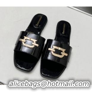 Top Quality Salvatore Ferragamo Logo Patent Leather Flat Slide Sandals Black 104033