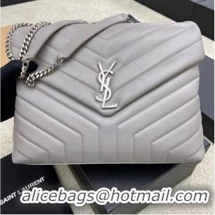 Buy Inexpensive SAINT LAURENT Loulou Monogram Large quilted leather shoulder bag 392288 Light Gray Sliver-Tone