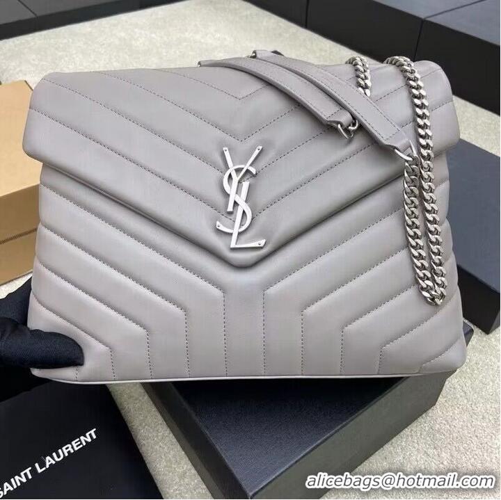 Buy Inexpensive SAINT LAURENT Loulou Monogram Large quilted leather shoulder bag 392288 Light Gray Sliver-Tone