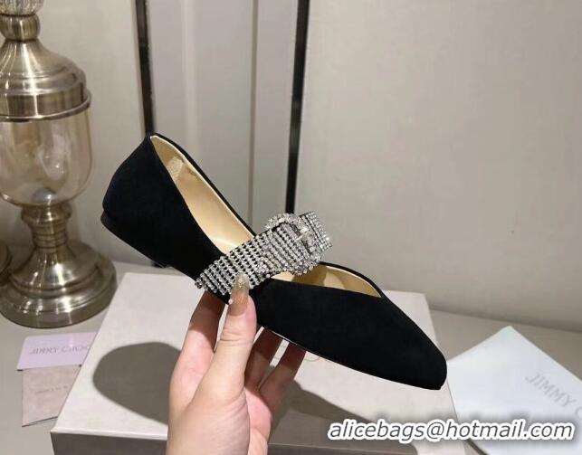 Original Cheap Jimmy Choo Suede Ballet Flat with Crystal Strap Black 926056