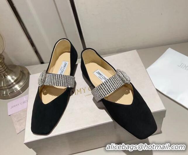 Original Cheap Jimmy Choo Suede Ballet Flat with Crystal Strap Black 926056