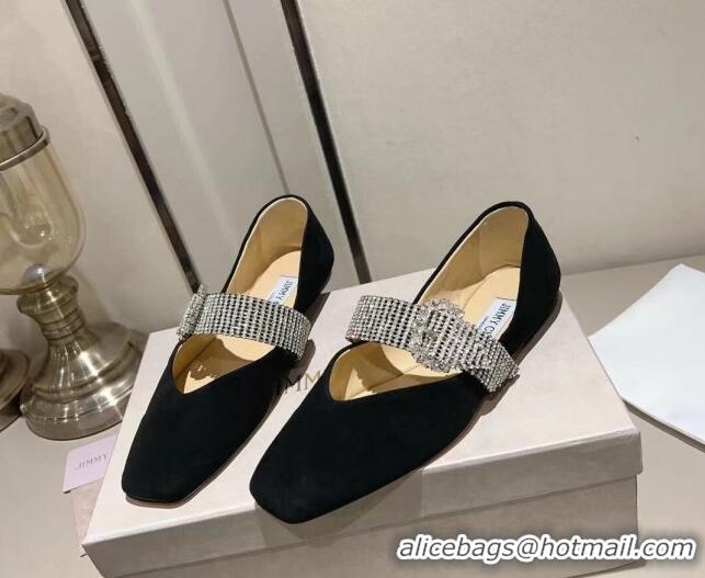 Original Cheap Jimmy Choo Suede Ballet Flat with Crystal Strap Black 926056