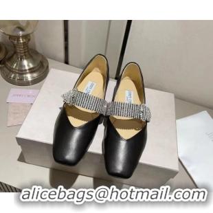 Grade Jimmy Choo Leather Ballet Flat with Crystal Strap Black 926057