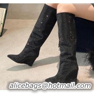 Buy Discount Jimmy Choo Blake Wedge Knee Boots 10cm in Crystal Allover Black 926083