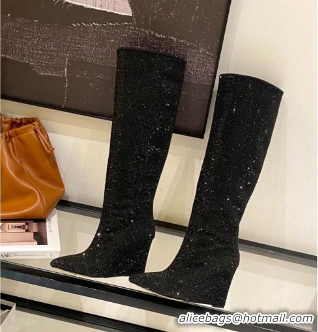 Buy Discount Jimmy Choo Blake Wedge Knee Boots 10cm in Crystal Allover Black 926083