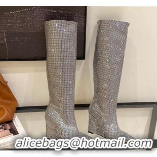 Best Price Jimmy Choo Blake Wedge Knee Boots 10cm in Crystal Allover Silver 926084