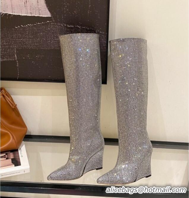 Best Price Jimmy Choo Blake Wedge Knee Boots 10cm in Crystal Allover Silver 926084