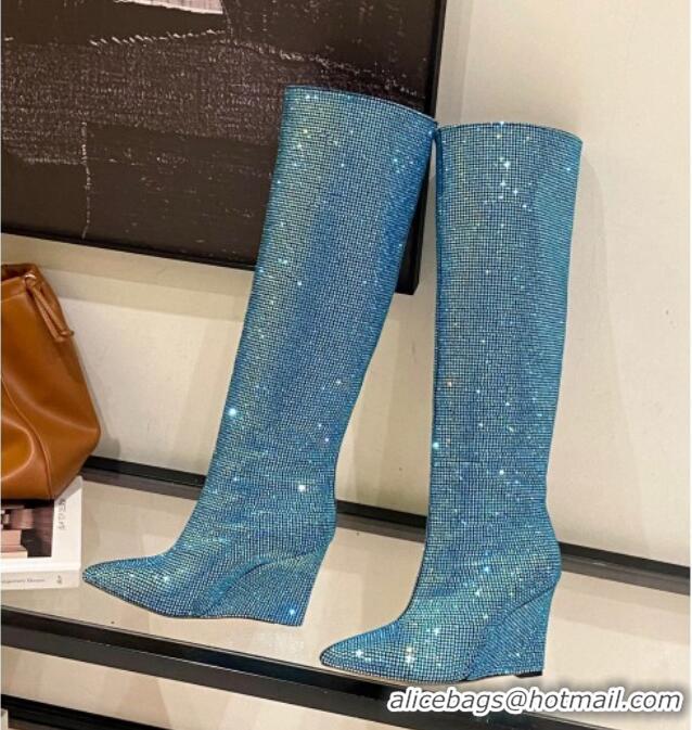 Purchase Jimmy Choo Blake Wedge Knee Boots 10cm in Crystal Allover Blue 926085