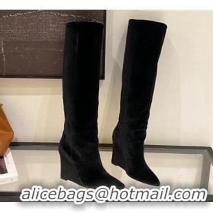 Good Quality Jimmy Choo Blake Wedge Knee Boots 10cm in Suede Black 926086