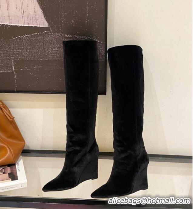 Good Quality Jimmy Choo Blake Wedge Knee Boots 10cm in Suede Black 926086