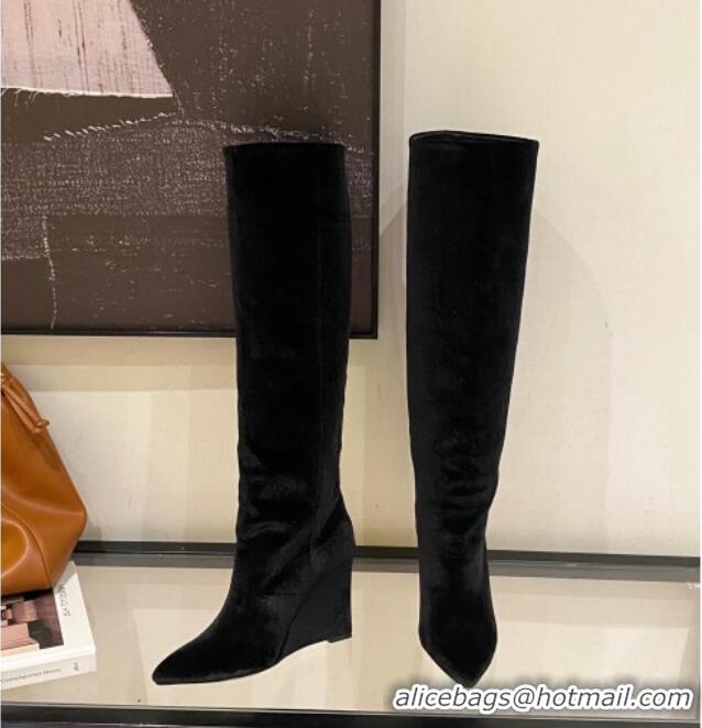 Good Quality Jimmy Choo Blake Wedge Knee Boots 10cm in Suede Black 926086