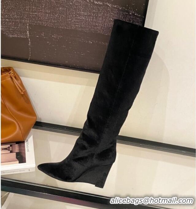 Good Quality Jimmy Choo Blake Wedge Knee Boots 10cm in Suede Black 926086