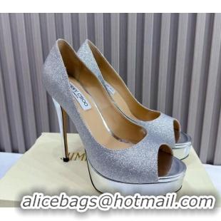 Classic Hot Jimmy Choo Glitter High Heel Platform Pumps 13cm with Open Toe Silver 025115