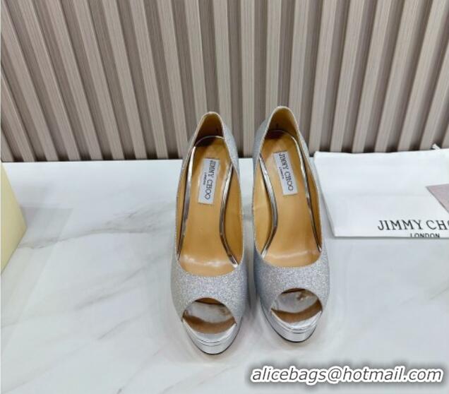 Classic Hot Jimmy Choo Glitter High Heel Platform Pumps 13cm with Open Toe Silver 025115