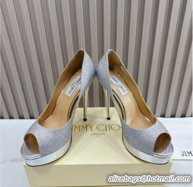 Classic Hot Jimmy Choo Glitter High Heel Platform Pumps 13cm with Open Toe Silver 025115