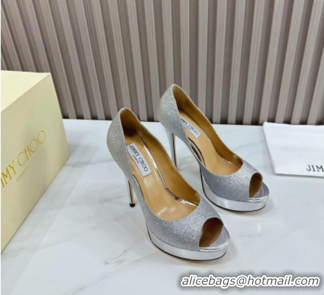 Classic Hot Jimmy Choo Glitter High Heel Platform Pumps 13cm with Open Toe Silver 025115