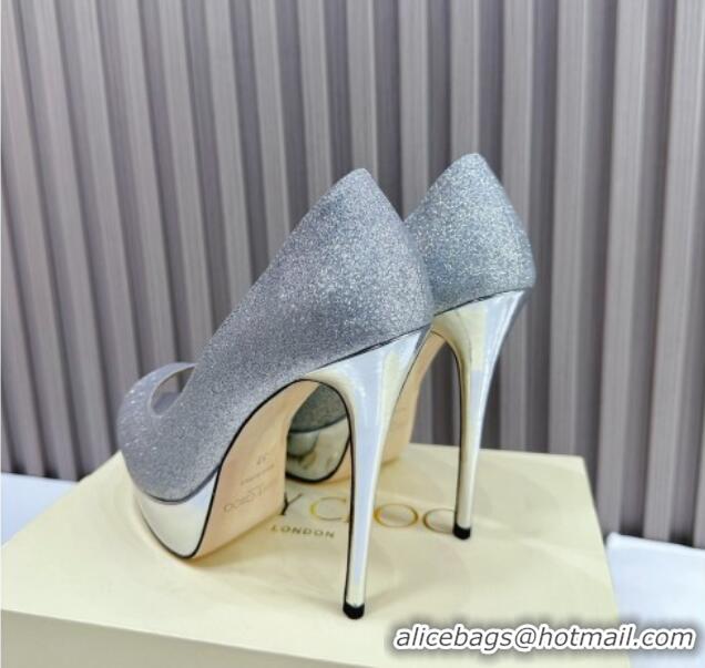 Classic Hot Jimmy Choo Glitter High Heel Platform Pumps 13cm with Open Toe Silver 025115