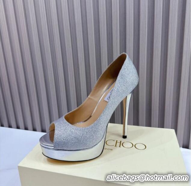 Classic Hot Jimmy Choo Glitter High Heel Platform Pumps 13cm with Open Toe Silver 025115