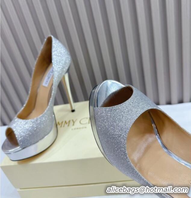 Classic Hot Jimmy Choo Glitter High Heel Platform Pumps 13cm with Open Toe Silver 025115