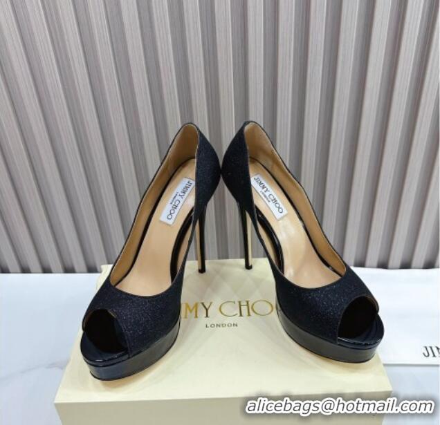 Best Quality Jimmy Choo Glitter High Heel Platform Pumps 13cm with Open Toe Black 1025116