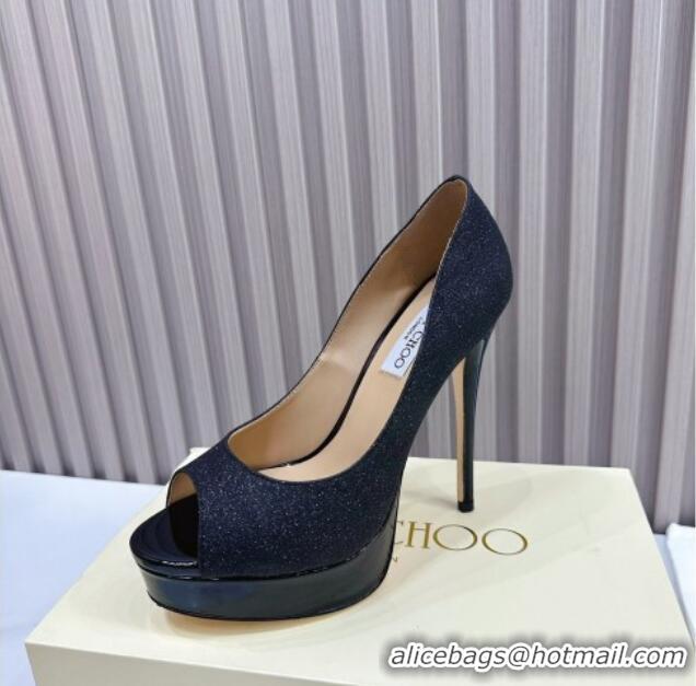 Best Quality Jimmy Choo Glitter High Heel Platform Pumps 13cm with Open Toe Black 1025116