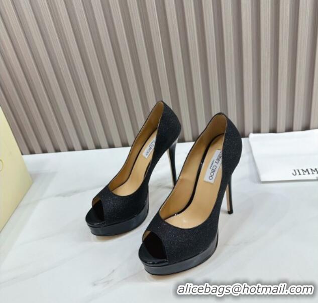 Best Quality Jimmy Choo Glitter High Heel Platform Pumps 13cm with Open Toe Black 1025116