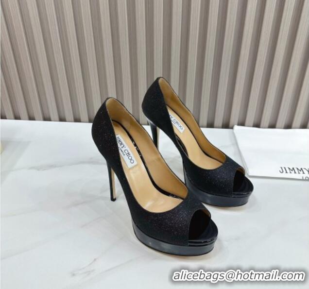 Best Quality Jimmy Choo Glitter High Heel Platform Pumps 13cm with Open Toe Black 1025116