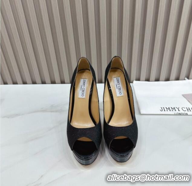 Best Quality Jimmy Choo Glitter High Heel Platform Pumps 13cm with Open Toe Black 1025116