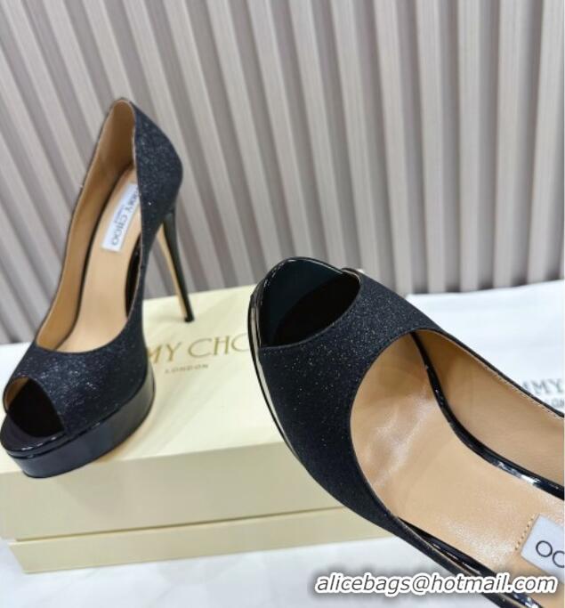 Best Quality Jimmy Choo Glitter High Heel Platform Pumps 13cm with Open Toe Black 1025116