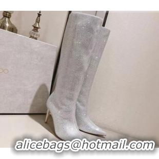 Unique Style Jimmy Choo Crystals Allover Knee High Boots 8.5cm Silver 104046