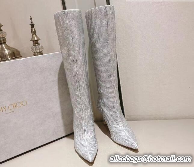 Unique Style Jimmy Choo Crystals Allover Knee High Boots 8.5cm Silver 104046