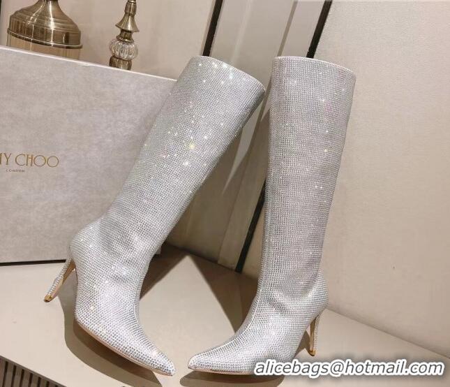 Unique Style Jimmy Choo Crystals Allover Knee High Boots 8.5cm Silver 104046