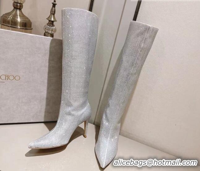 Unique Style Jimmy Choo Crystals Allover Knee High Boots 8.5cm Silver 104046