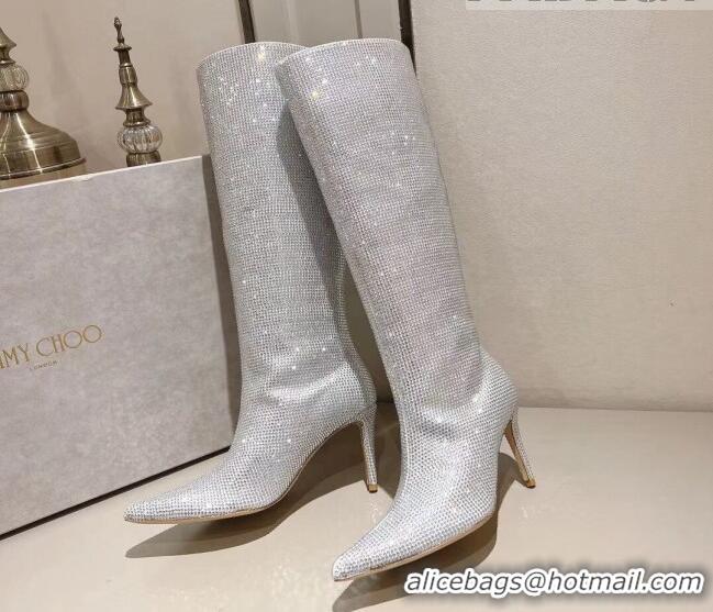 Unique Style Jimmy Choo Crystals Allover Knee High Boots 8.5cm Silver 104046