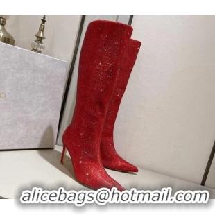 Popular Style Jimmy Choo Crystals Allover Knee High Boots 8.5cm Red 104049