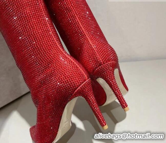 Popular Style Jimmy Choo Crystals Allover Knee High Boots 8.5cm Red 104049