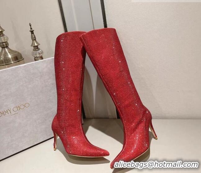 Popular Style Jimmy Choo Crystals Allover Knee High Boots 8.5cm Red 104049