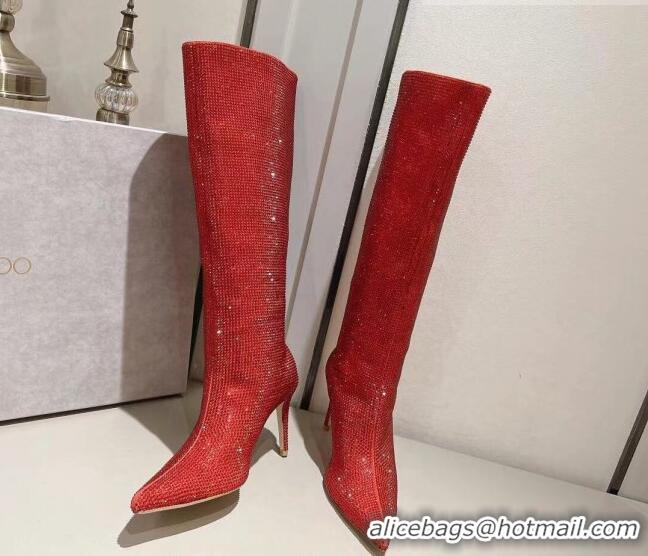 Popular Style Jimmy Choo Crystals Allover Knee High Boots 8.5cm Red 104049