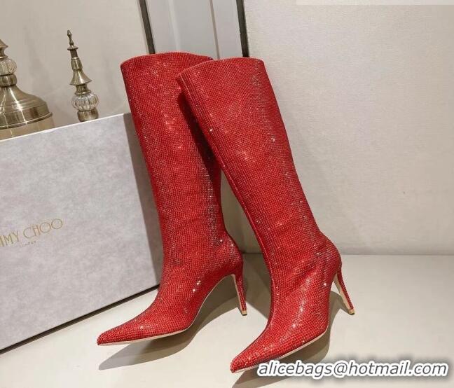 Popular Style Jimmy Choo Crystals Allover Knee High Boots 8.5cm Red 104049