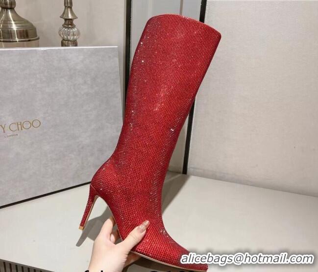 Popular Style Jimmy Choo Crystals Allover Knee High Boots 8.5cm Red 104049